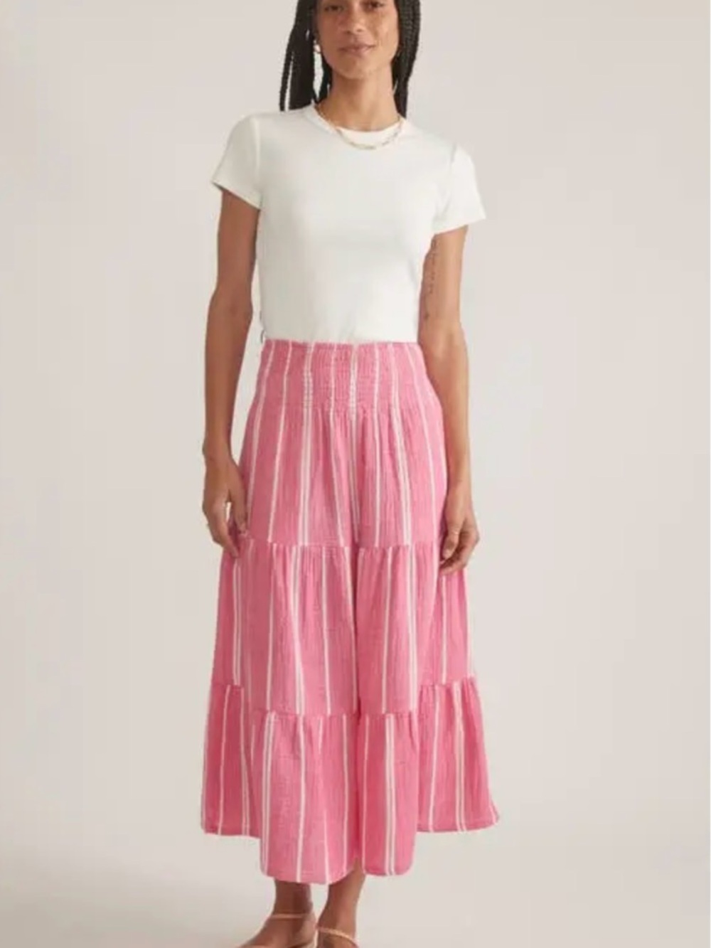 Marine Layer Valeria Striped Smocked Pink Striped Tiered Maxi Skirt. Size XS